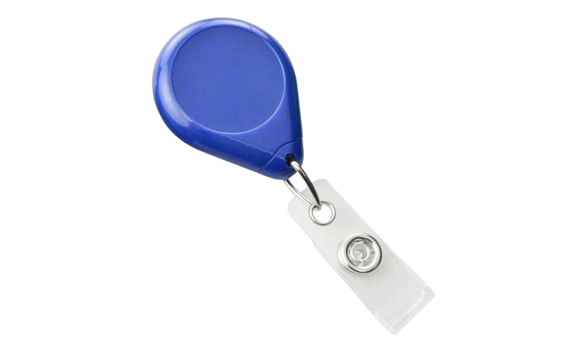 Enrouleur yoyo rond bleu avec sangle en vinyle et clip
