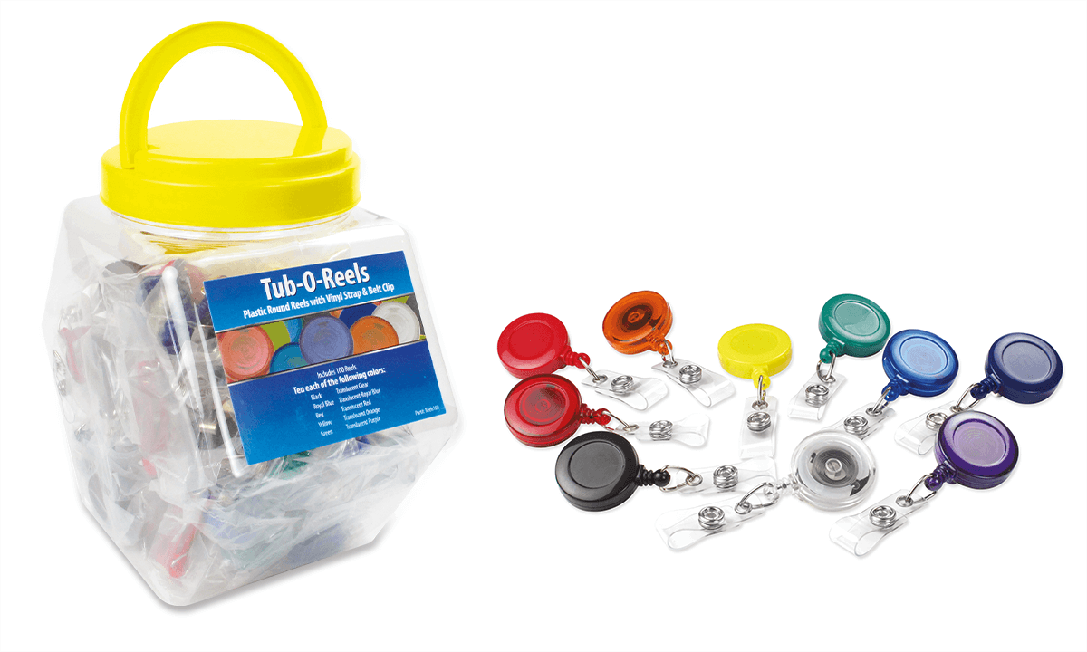 Boîte de 100 enrouleurs yoyo ronds de différentes couleurs, Tub-o-Reels